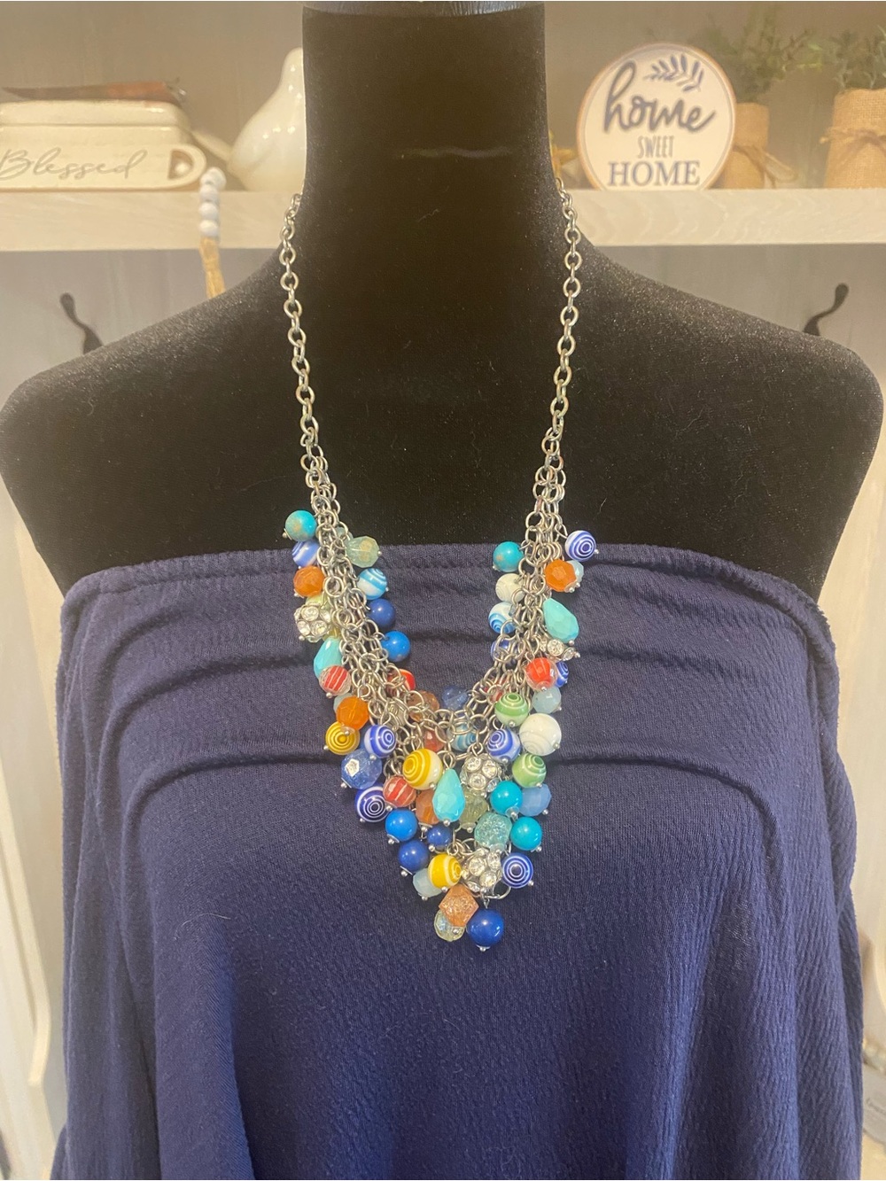 Colorful Multistrand Beaded Necklace - Blue, Turquoise & Orange